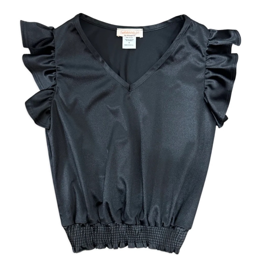 Tweenstyle Stoopher Smocked Hem Satin Top Flutter Sleeve - Black teen 10 (bin K)